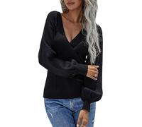 CuLtP Crossover Deep V Neck Jumpers For Women, Slim Fit Long Sleeve Pullover Jumper, Soft Fine Knit Jumpers For Women, Lightweight Winter Smart Pullover Knitwear,Black,L