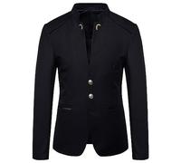 Men's Suit Jackets,Mens Vintage Lightweight Blazer Jacket Long Sleeve Solid 3-Buttons Chinese Collar Grandad Suit Jacket Slim Fit Suit Blazer Casual Smart Smoking Dinner Blazer,Black,L