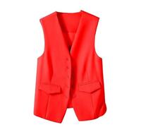 CuLtP Women Waistcoat Sleeveless Blazer, Elegant Slim Button Down Work Office Vest Coat Retro Party Waistcoat, V-Neck Economy Dressy Suit Vest Waistcoat,Red,M