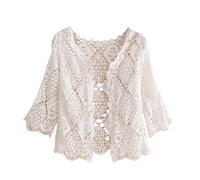 CuLtP Womens Boleros Shrugs Boho Crochet Mesh Lace Sheer Cardigan Ethnic Hollow Knitted Beach Cover Up Casual Summer Open Front Short Cardigans White L