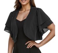 CuLtP Women's Chiffon Shrug Cropped Bolero Light Jacket Summer Sheer Cardigan Double Layer Ruffle Short Sleeve Blouse Evening Dresses Shawl Cover Ups Black S