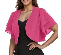 CuLtP Women's Chiffon Shrug Cropped Bolero Light Jacket Summer Sheer Cardigan Double Layer Ruffle Short Sleeve Blouse Evening Dresses Shawl Cover Ups Rose red L