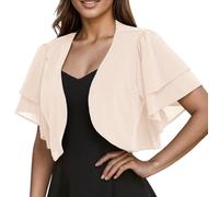 CuLtP Women's chiffon shrug cropped bolero light jacket summer sheer cardigan Double layer ruffle short sleeve Blouse evening dresses shawl Cover Ups beige L