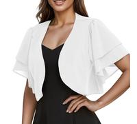 CuLtP Women's Chiffon Shrug Cropped Bolero Light Jacket Summer Sheer Cardigan Double Layer Ruffle Short Sleeve Blouse Evening Dresses Shawl Cover Ups White XL