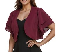 CuLtP Women's Chiffon Shrug Cropped Bolero Light Jacket Summer Sheer Cardigan Double Layer Ruffle Short Sleeve Blouse Evening Dresses Shawl Cover Ups Burgundy L