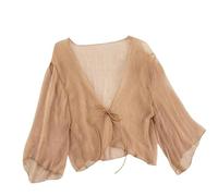 CuLtP Womens Chiffon Shrug Summer Lightweight Bolero Sheer Cardigan Front Lace Up Elegant Evening Jackets Wedding Bolero Dresses Cover Ups Khaki L