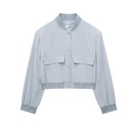 CuLtP Womens Cropped Bomber Jacket, Button Down Varsity Jackets Shackets With Pockets Ladies Short Bomber Jacket Stand Collar Slim Fit Biker Jacket Spring Autumn,Light Blue,L