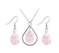 CuLtP Women'S Jewelry Sets Elegant Wire Wrap Rose Quartz Water Drop Pendant Necklace Drop Earrings Set Dangle Hook Earrings Gemstone Earrings Jewelry For Women