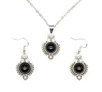 CuLtP Women'S Jewelry Sets Vintage Filigree Inlay Black Onyx Round Pendant Necklace And Drop Earrings Set Baroque Style Dangle Hook Earrings For Women Girls