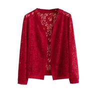 CuLtP Womens Shrugs Lightweight Lace 3/4 Sleeve Open Front Bolero Cardigan Cover Up Crochet Short Coat, Vintage Mesh Party Shrug Bolero Evening Jacket,Wine Red,Xs