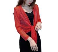 CuLtP Women's Sparkly Boleros Shrugs Long Sleeve Sheer Cardigan Summer Short Ice Silk Evening Jackets Going Out Party Dresses Shawl Cover Up Coat Red S