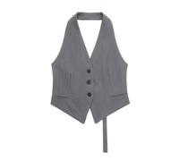CuLtP Women'S Waistcoat Halter Neck Vintage Sleeveless Jacket, Button Down Dressy Suit Vest Waistcoat, Elegant Backless Single Breasted Cropped Vest Blazer,Grey,M