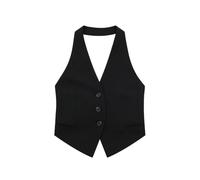 CuLtP Women'S Waistcoat Halter Neck Vintage Sleeveless Jacket, Button Down Dressy Suit Vest Waistcoat, Elegant Backless Single Breasted Cropped Vest Blazer,Black,M