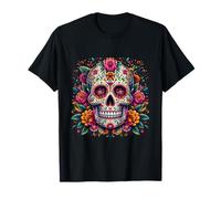 Cultural Heritage Designs - Vibrant Dia de los Muertos Sugar Skull with Floral Accents Unisex Adults T-Shirt