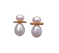 Cultured Pearl White Semi Round Pearl And Rice Freshwater Pear Gold plated Stud Earrings