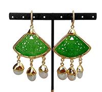 Cultured White Coin freshwater Pearl Green fan Shape Jade Carved Stud Earrings ethnic style Women Jewelry