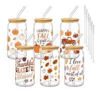 Culudea 6Pcs Fall Pumpkin Glass Cups with Lids and Straws 16oz Autumn Harvest Maple Leaves Drinking Glasses Cups Truck Iced Coffee Cup for Women Friend Thanksgiving Party Gift