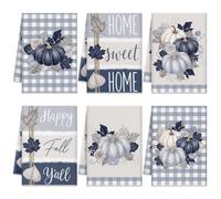 Culudea 6Pcs Fall Pumpkin Kitchen Towels Set, Autumn Harvest Plaid Hand Dish Towels Orange Microfiber Tea Guest Towel, Polka Dot Thanksgiving Kitchen Bathroom Home Party Decor Gifts