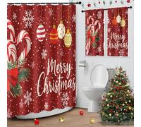 Culudea Festive Bow Merry Christmas Shower Curtain with Matching Window Curtains Set, Candy Ornament Ball Red Snowflakes Waffle Textured Cloth Waterproof Shower Curtains for Bathroom Decor