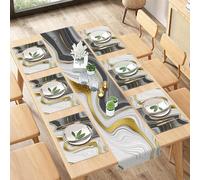 Culudea Marble Black Gold Table Runner and Placemats Set of 6, Silver Stone Rock Abstract Dining Decor for Daily Use(1 Table Runner 72 inches Long and 6 Placemats)