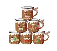 Culudea Mini Brown Gingerbread Mug Set, Holiday Ceramic Cups | All Brown Cookie Designs with Ribbons, Rustic Tiered Tray Decor, 6 Set
