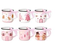 Culudea Mini Pink Christmas Mug Set, Pastel Holiday Ceramic Cups | Pink Gingerbread & Tree Designs with Ribbons, Winter Tiered Tray Decor, 6 Set