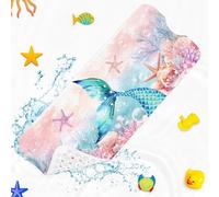 Culudea Pink Cute Mermaid Watercolor Bathtub Shower Mat Sea Starfish Coral Non-Slip Tub Mat Extra Long Bath Floor Mats 40X16 Inch Machine Washable for Bathroom Tub Bath Mat for Toddler and Baby