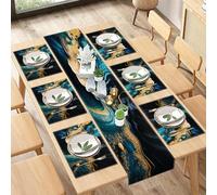 Culudea Teal Green Abstract Table Runner and Placemats Set of 6, Marble Green Gold Modern Dining Decor for Daily Use(1 Table Runner 72 inches Long and 6 Placemats)