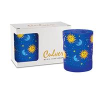 Culver Celestial Frosted Double Old Fashioned Tumbler Glasses, 13.5-Ounce, Gift Boxed Set of 2 (Celestial Sun Moon Stars Blue Frosted)