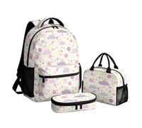 Cumagical 3Pcs Backpack for Girls Cloud Flower Pattern Pencil Case Lunch Bag Teen Student Lightweight Set Top Handle Full Print Beige School Bag
