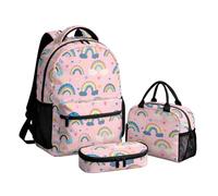Cumagical 3Pcs Backpack for Girls Rainbow Heart Cloud Pattern Pencil Case Lunch Bag Teen Student Lightweight Set Top Handle Full Print Pink School Bag
