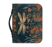 Cumagical Bible Holder Case for Women Dragonfly Daisy Print Zipper Pu Leather Handle Floral Bible Bag Church Dark Green Bible Cover Size M-2XL