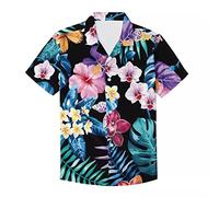 Cumagical Black Floral Men's Hawaiian Shirt Button Down Beach Tropical Flower Print Casual Short Sleeve Summer Top