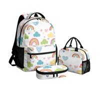 Cumagical Girls 3 Piece Backpack Set Rainbow Cloud Heart Pattern Lunch Bag Pencil Case Teen Student Daily Full Print Set Side Pockets Zipper White School Bag