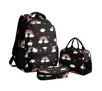 Cumagical Girls 3 Piece Backpack Set Rainbow Cloud Star Graphic Lunch Bag Pencil Case Teen Student Daily Full Print Set Side Pockets Zipper Black School Bag