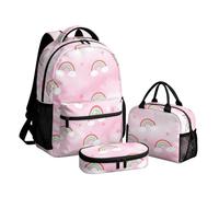 Cumagical Girls 3 Piece Set Backpack Rainbow Cloud Star Graphic Pencil Case Lunch Bag Teen Student Lightweight Full Print Set Zipper Pink School Bag