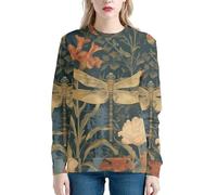 Cumagical Women Crewneck Sweatshirt Dragonfly Carnation Print Casual Soft Long Sleeves Pullover Floral Sweatshirts Party Travel Warm Dark Green T-Shirt