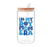 Cumnvulnt Boy Mom Era Iced Coffee Cup, 16oz Personalised Glass Cups with Lids and Straws, New Mom Gifts Boy Mama Gifts for Birthday, Christmas, Valentines Day