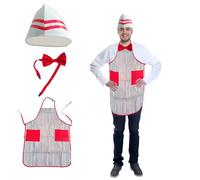 Cumnvulnt Chef Hat Aprons Tie Set Chef Costume Striped Chef Apron with 2 Pockets, Baker Hat, Red Bow Tie for Kitchen Cooking Baking Aprons for Women Men Chef Outfit for Halloween Cosplay Drama