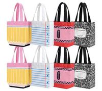 Cumule 8 Pack Back to School Canvas Tote Bags Reusable Composition Book Notebook Pencil Crayon Tote Set for Teacher Appreciation Preschool Kindergarten Graduation Back to School Party Supplies