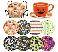 Cumule 8 Pcs Halloween Diamond Art Coasters Kit with Holder: 8 Coasters, 1 Holder, 1 Pen, 1 Tray, 1 Glue - Halloween Themed, Round, Acrylic, Diamond, Wood