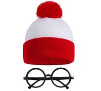 Cumwoen Red White Striped Beanie Hat Round Frame Glasses for Men Adult Costume Accessories, Red, One size