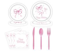 Cunegra 120Pcs Pink Bow Party Tableware, Pink Party Tableware Including Plates Napkins Knive Fork Spoon for Happy Birthday Theme Kids Birthday (20 Guests)