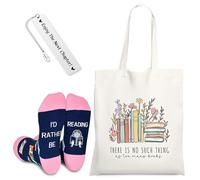 Cunegra 3PCS Book Lover Gifts Set, Resuable Cute Canvas Tote Bag with Socks & Bookmark, White Book Lovers Gifts for Women Readers Bookworm Librarian Birthday