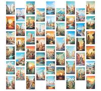 Cunegra 50PCS Vintage Travel Postcard Set, Illustrated World Landmark Postcards, Retro Travel Postcards Mixed Multipack, Around the World Destinations in Vintage Art Style