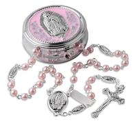 Cunegra Beaded Necklace with Cross, Catholic Necklace in Miracle Metal Gift Box, First Communion and Personalised Pink Rosary Jewellery Gift for Men Ladies