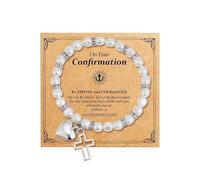 Cunegra White Pearl Bracelet with Cross and Heart Charm, First Holy Communion Gifts for Girls with Message Card, Baptism, Confirmation, Easter, Christening Gifts