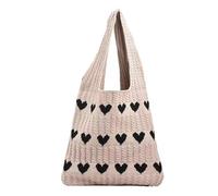 CUNGGI Knitted Shoulder Bag, Crochet Tote Bag with Cute Heart Pattern, Hobo Bag, Knitted Shopping Shoulder Bag, Tote Bag, Hollow Shopper for Women, khaki, 14.17x12.6x3.94inch