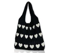 CUNGGI Knitted Shoulder Bag, Crochet Tote Bag with Cute Heart Pattern, Hobo Bag, Knitted Shopping Shoulder Bag, Tote Bag, Hollow Shopper for Women, black, 14.17x12.6x3.94inch