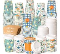 Cunhill 100 Pack 12oz Fall Thanksgiving Coffee Cup with Lid and Sleeves Bulk Disposable Paper Hot Cup Autumn Maple Leaves Pumpkin Harvest Drinking for Holiday Fall Party Drink Supplies(Blue Pumpkins)